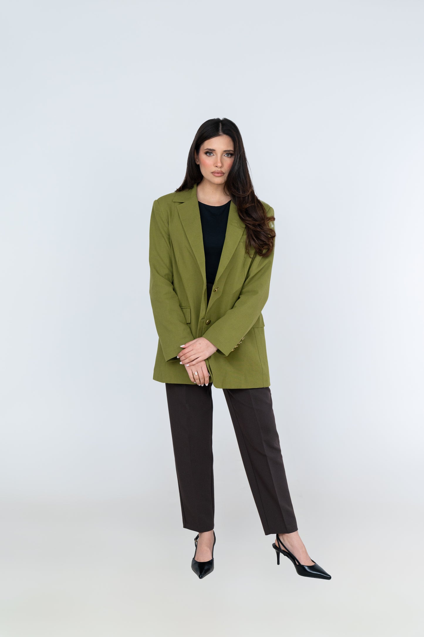 Linen Blend Blazer - Olive Green - Brand By BIBI