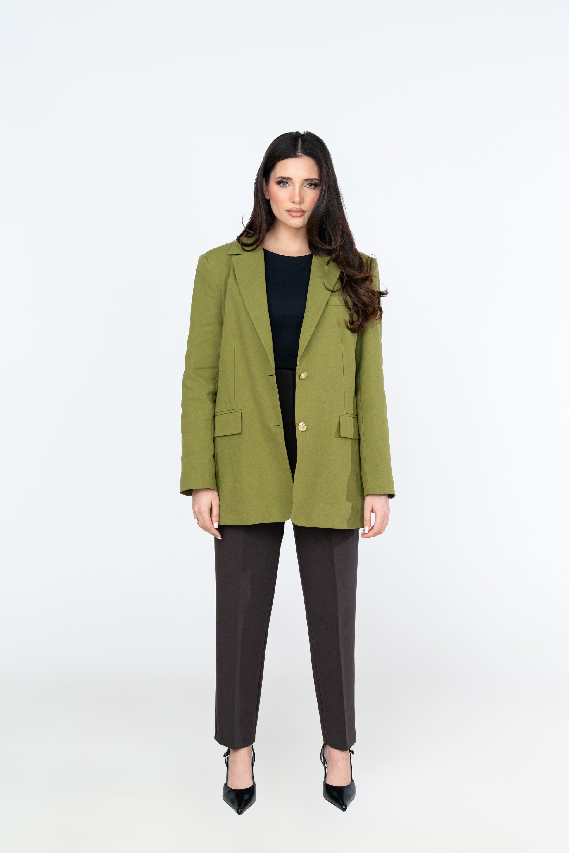 Linen Blend Blazer - Olive Green - Brand By BIBI