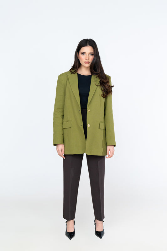 Linen Blend Blazer - Olive Green - Brand By BIBI