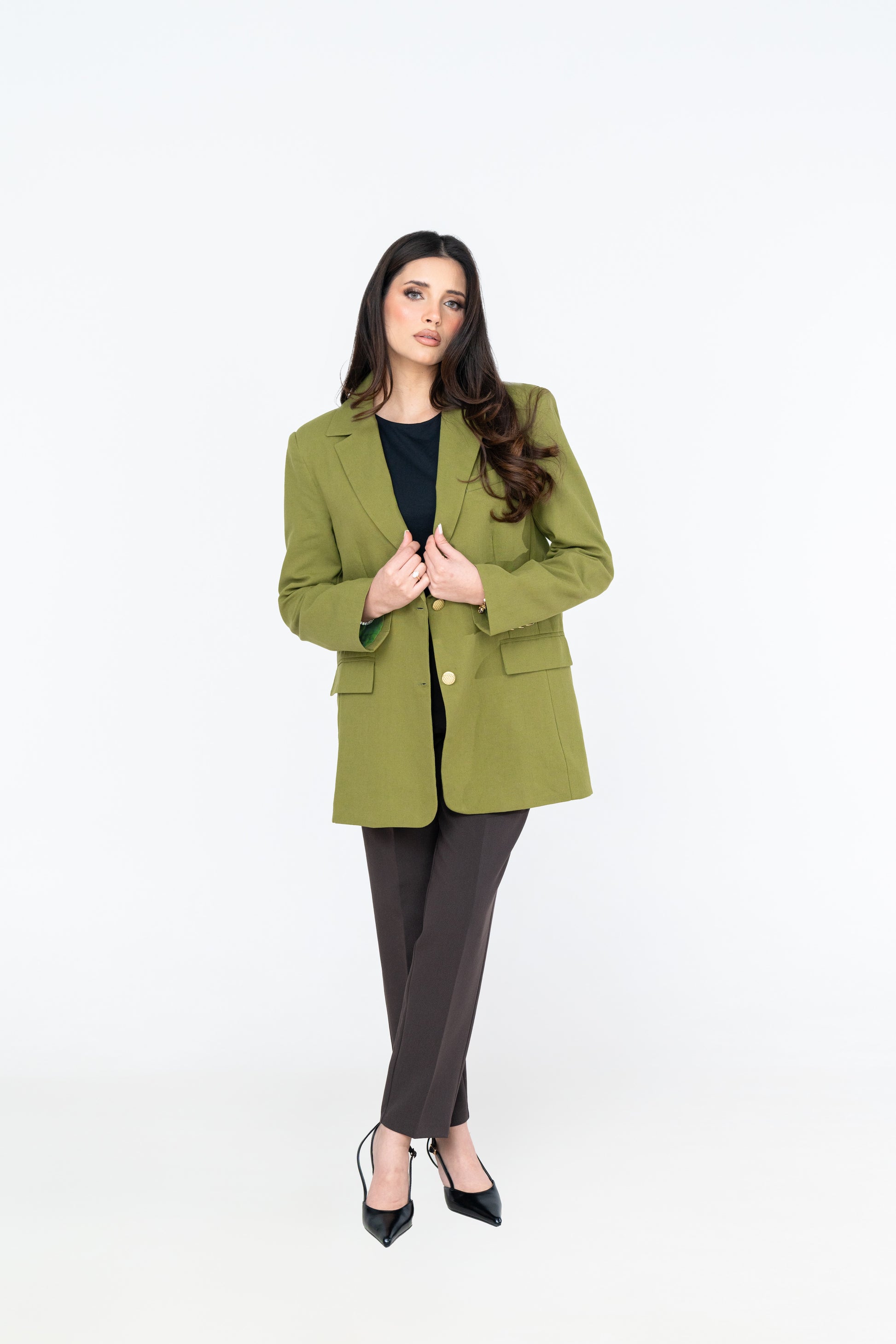 Linen Blend Blazer - Olive Green - Brand By BIBI